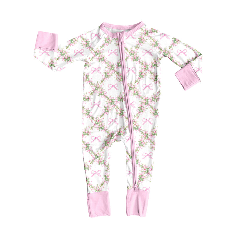 preorder(moq 5)Baby Infant Boys Long Sleeves Pink Bows Flowers Plaid Zipper Rompers