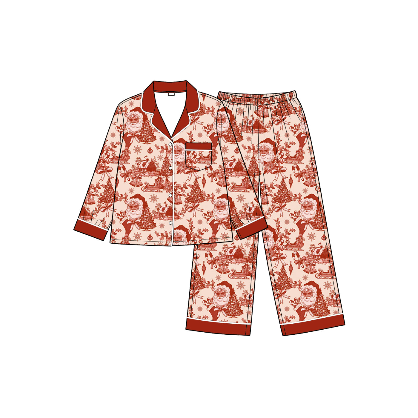Preorder (moq5)  Girls Christmas Bow Print 2-Piece Soft Long Sleeve Pants Side Stripe Holiday Loungewear  Set