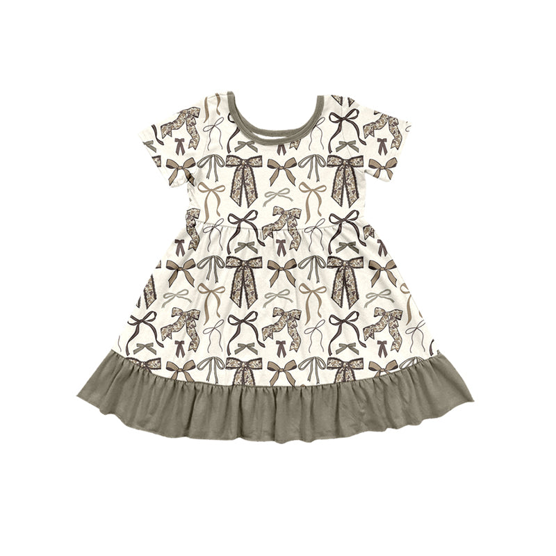 Preorder (moq 5)Baby Girls Short Sleeve Grey Camo Bows Flowers Ruffle Knee Length Dresses