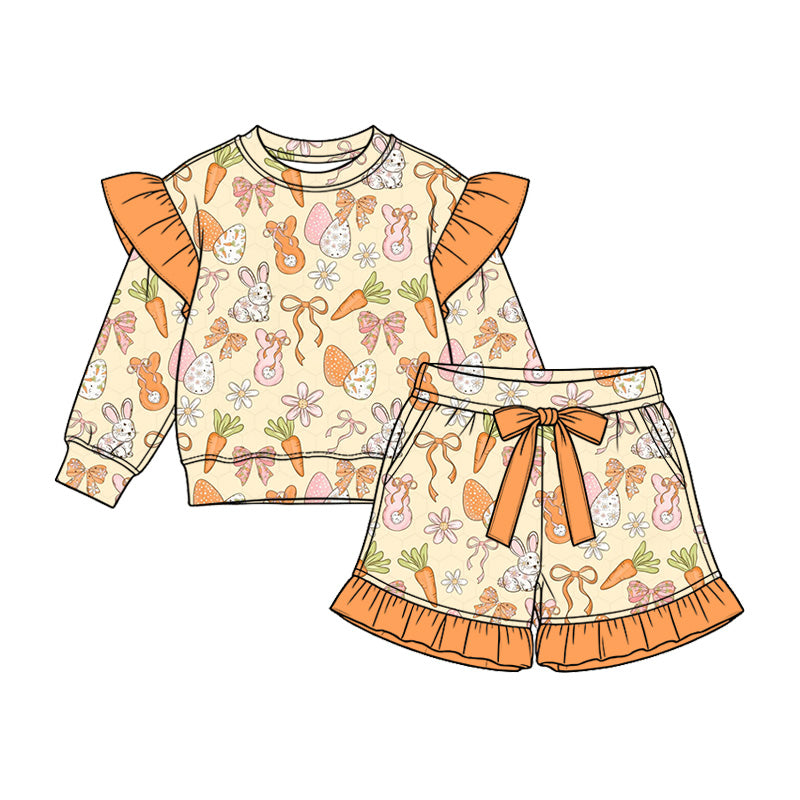 Preorder (moq 5)Baby Girls Flowers Rabbits Long Sleeve Top Pockets Ruffle Short Easter Clothes Set