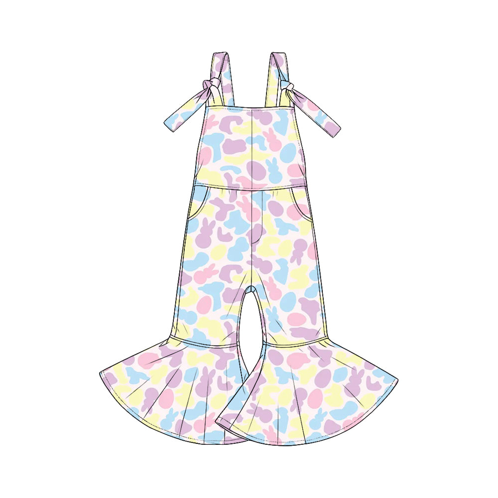 Pre-order(moq5)  Cute Girls Easter Sleeveless Tie Strap Flared Jumpsuit with Pockets