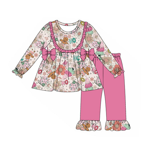 Preorder (moq 5)Baby Girls Long Sleeves Pink Flowers Gingerbread Bows Tunic Ruffle Pant Set