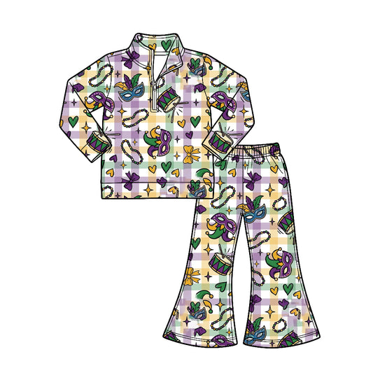 Preorder (moq 5) Baby Girl Clothes Mardi Gras Gingham Mix Print Long‑sleeve Quarter Zip Top Flare Pants Set
