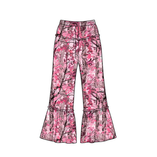 Preorder (moq 5) Baby Girl Clothes Hot Pink Tree Camo Print Ruffle Waist Ruffle Hem Flare Pants