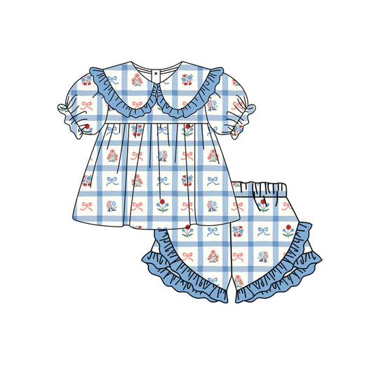 Preorder moq 5 Baby Girls Blue Checked Flowers Collar Tunic Ruffle Shorts Clothes Set