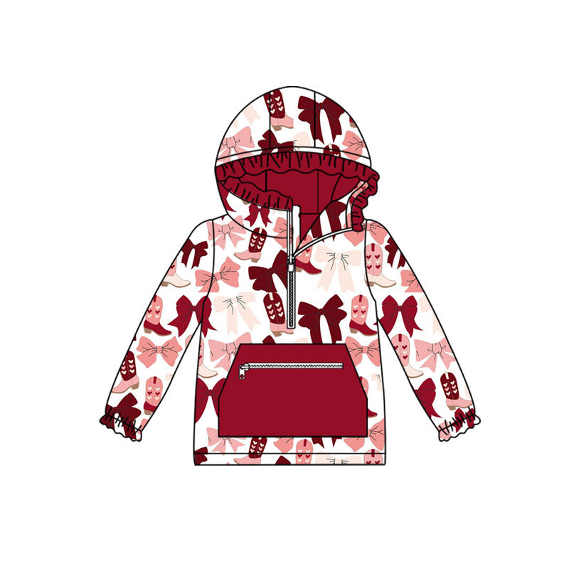 Preorder (moq 5)Baby Girls Red Pink Bows Boots Pockets Zipper Valentine Ruffle Hoodies Top
