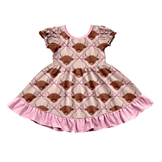 Preorder (moq 5)Baby Girls Highland Cows Bows Checked Western Ruffle Knee Length Dress