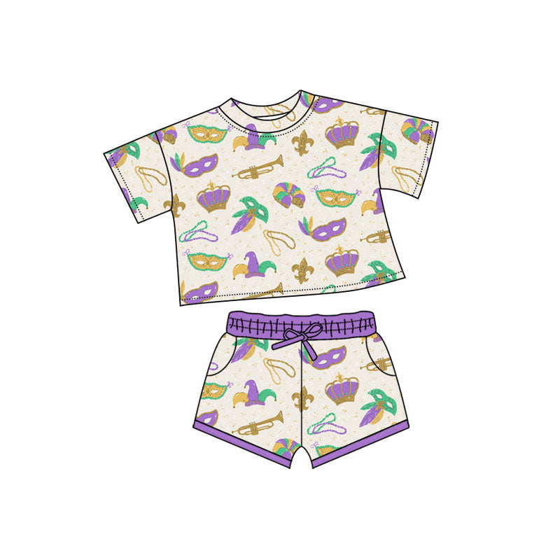 Preorder(moq 5) Baby Girls Mardigras Short Sleeve Anchors Masks Top Pockets Shorts Clothes Sets