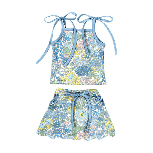Preorder (moq 5)Baby Girls Colorful Flowers Top Pockets Scallop Skirt Shorts Swimsuits Clothes Set