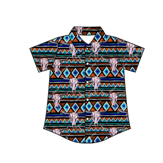 Preorder moq 10 Baby Boys Short Sleeves Hot Blue Aztec Stripe Bull Skull Button Shirts Top