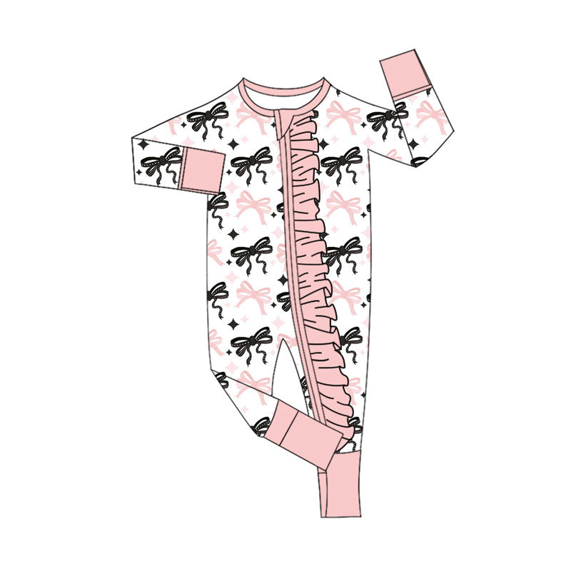 Preorder (moq 5)Baby Girls Pink Black Stars Bows Plaid Ruffle Zipper Footie Rompers