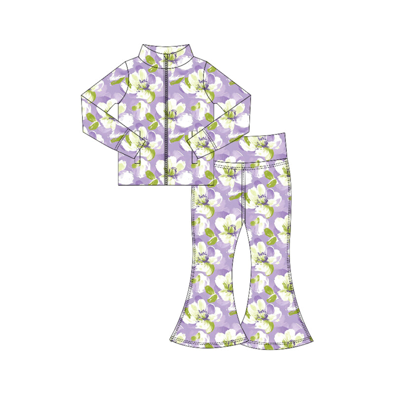 Preorder (moq 5)Baby Girls Lavender Flowers Zipper Jacket Top Bell Bottom Pants Set