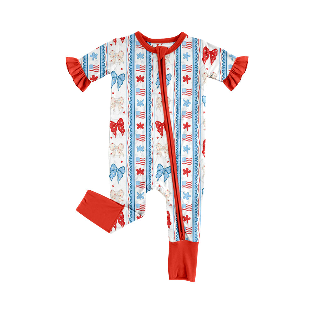 Preorder (moq 5)Baby Girls Red Blue Bow Flags Stripe 4th of July Two Way Zip Convertible Rompers