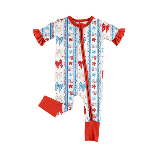 Preorder (moq 5)Baby Girls Red Blue Bow Flags Stripe 4th of July Two Way Zip Convertible Rompers