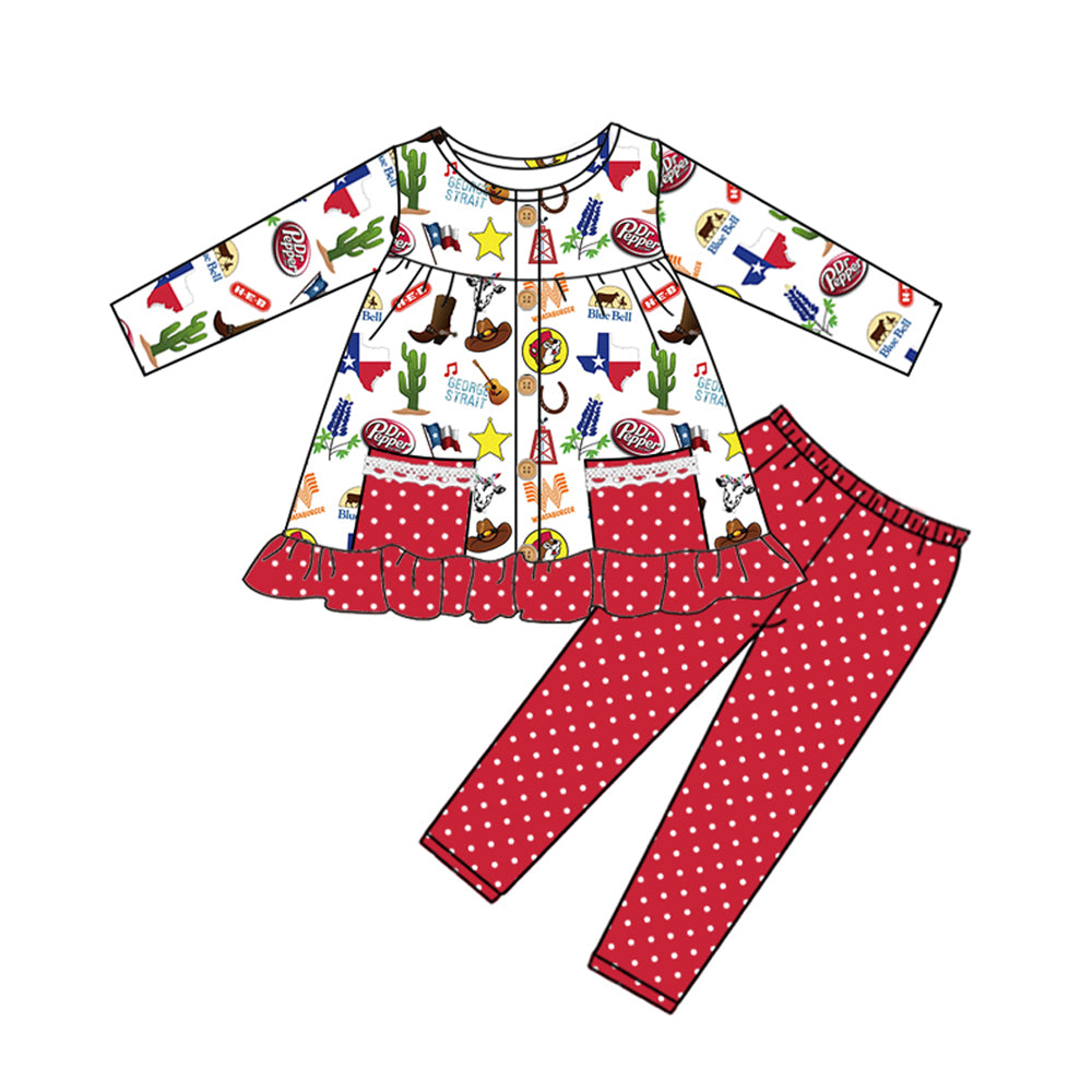 Baby Girls TX Pockets Tunic Top Dots Legging Western Clothes Sets Preorder(moq 5)