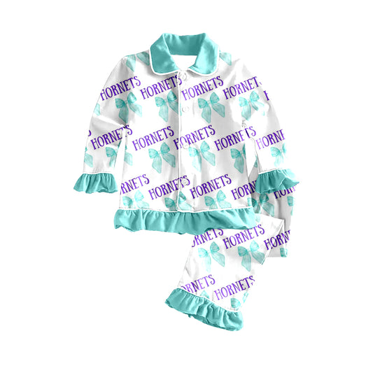 Preorder (moq 5)Adult Women Bows Hornets Plaid Button Top Pant Team Pajamas Set
