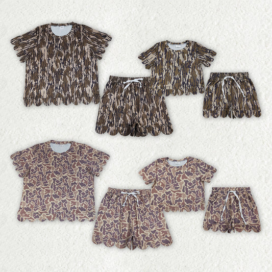 Mama and Me Girls Short Sleeve Southern Camo Top Pockets Short Scallop Clothes Sets