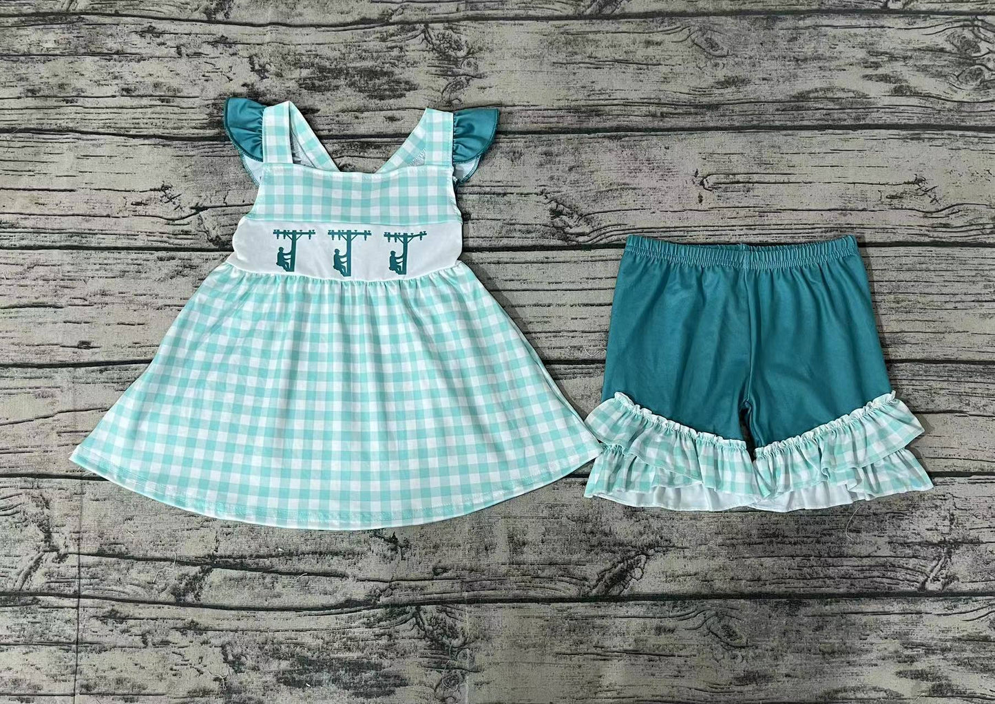 Baby Girls Green Checkered Line Workers Tunic Top Ruffle Shorts Clothes Sets