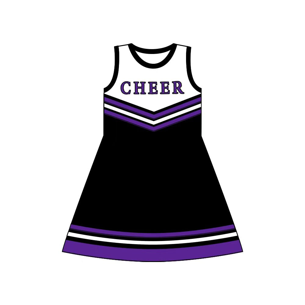 Preorder (moq 5)Baby Girls Purple Black Cheer Team Knee Length Dresses
