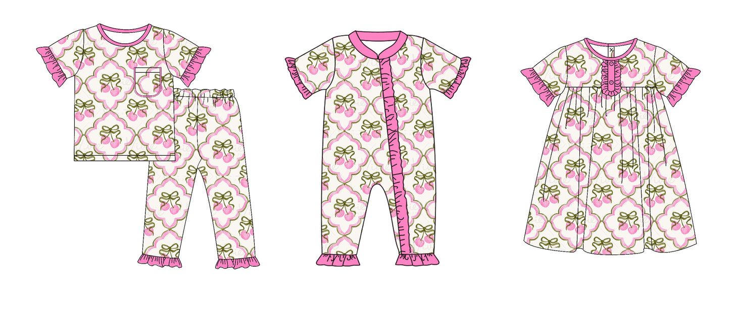 Preorder(moq 5 each) Baby Girls Cherry Bows Pink Romper Dress Pants Sets