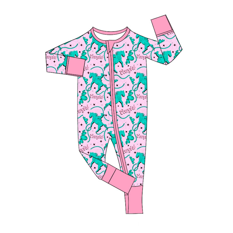 Baby Infant Girls Western Cowgirls Pink Zip Rompers preorder(moq 5)