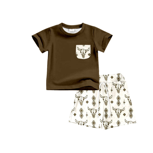 Baby Boys Shirt Pocket Top Western Cow Skull Shorts Clothes Sets preorder(moq 5)