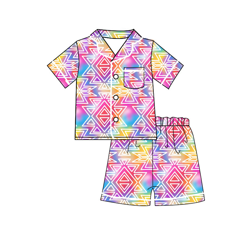 Baby Girls Short Sleeve Pink Aztec Tie Dye Shirt Shorts Pajamas Clothes Sets preorder(moq 5)