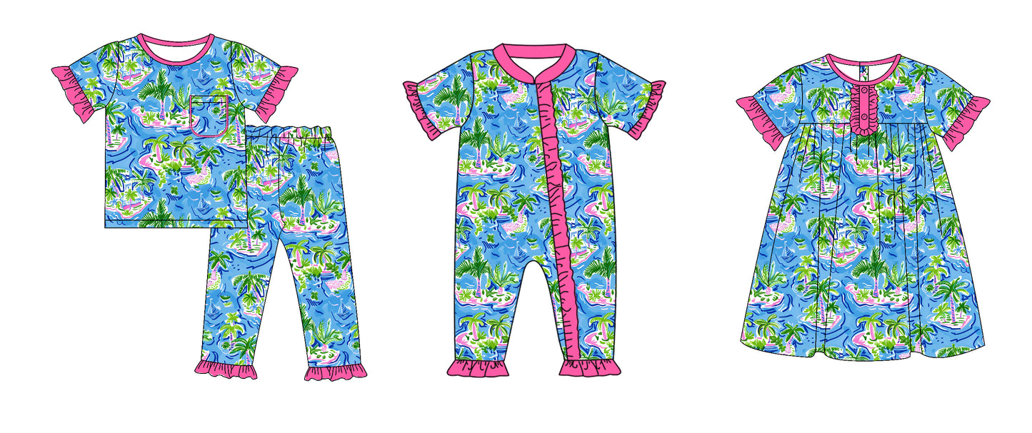 Preorder(moq 5 each) Baby Girls Summer Trees Romper Dress Pants Sets