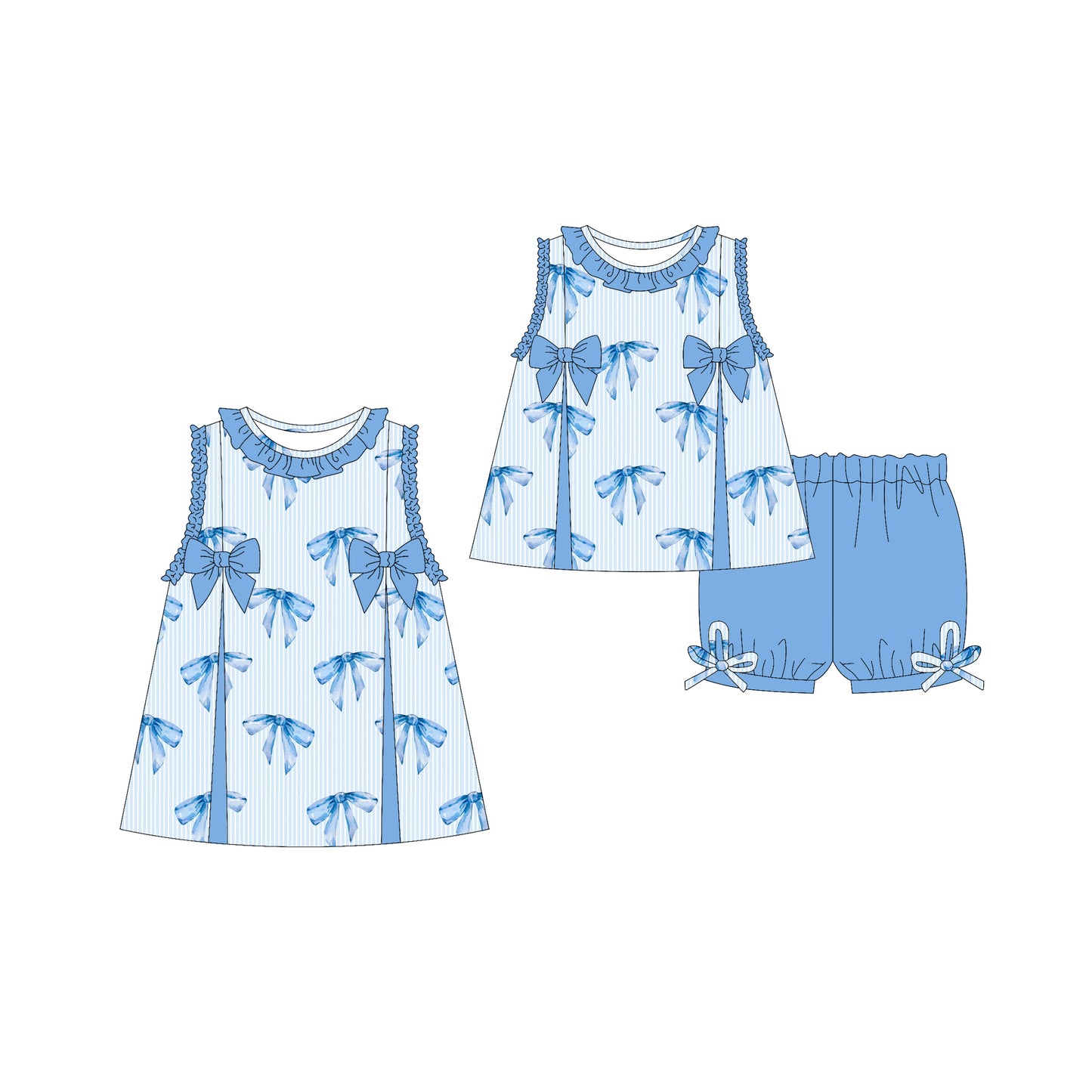 Preorder moq 5 Custom Baby Girls Sleeveless Blue Stripe Bows Tunic Ruffle Short Set Knee Length Dresses