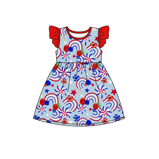 Baby Girls 4th Of July Rainbow Flowers Flutter Sleeve Knee Length Dresses preorder(moq 5)