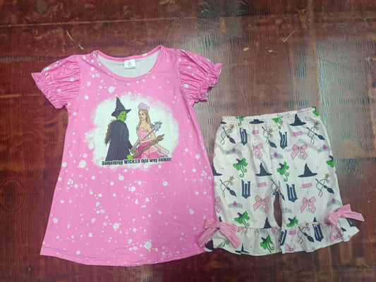Preorder moq 5 Baby Girls Pink Short Ruffle Sleeves Cartoon Wicked Tunic Short Set