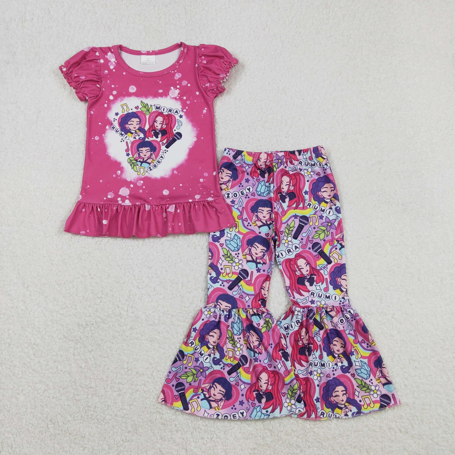 Baby Girls Hot Pink Demon Hunter Ruffle Top Bell Bottom Pants Clothes Sets