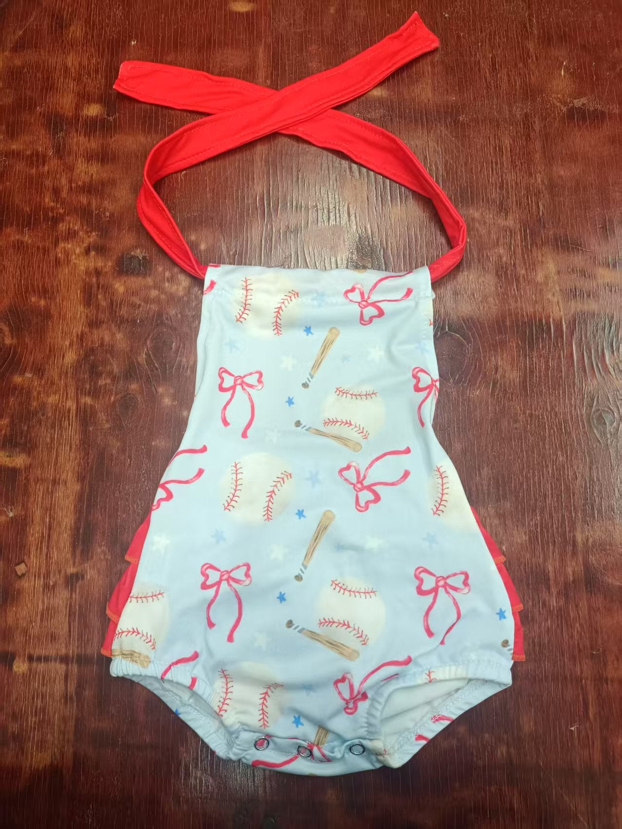 Preorder moq 5 Baby Girls Red Strap Bows Baseball Bubble Ruffle Rompers
