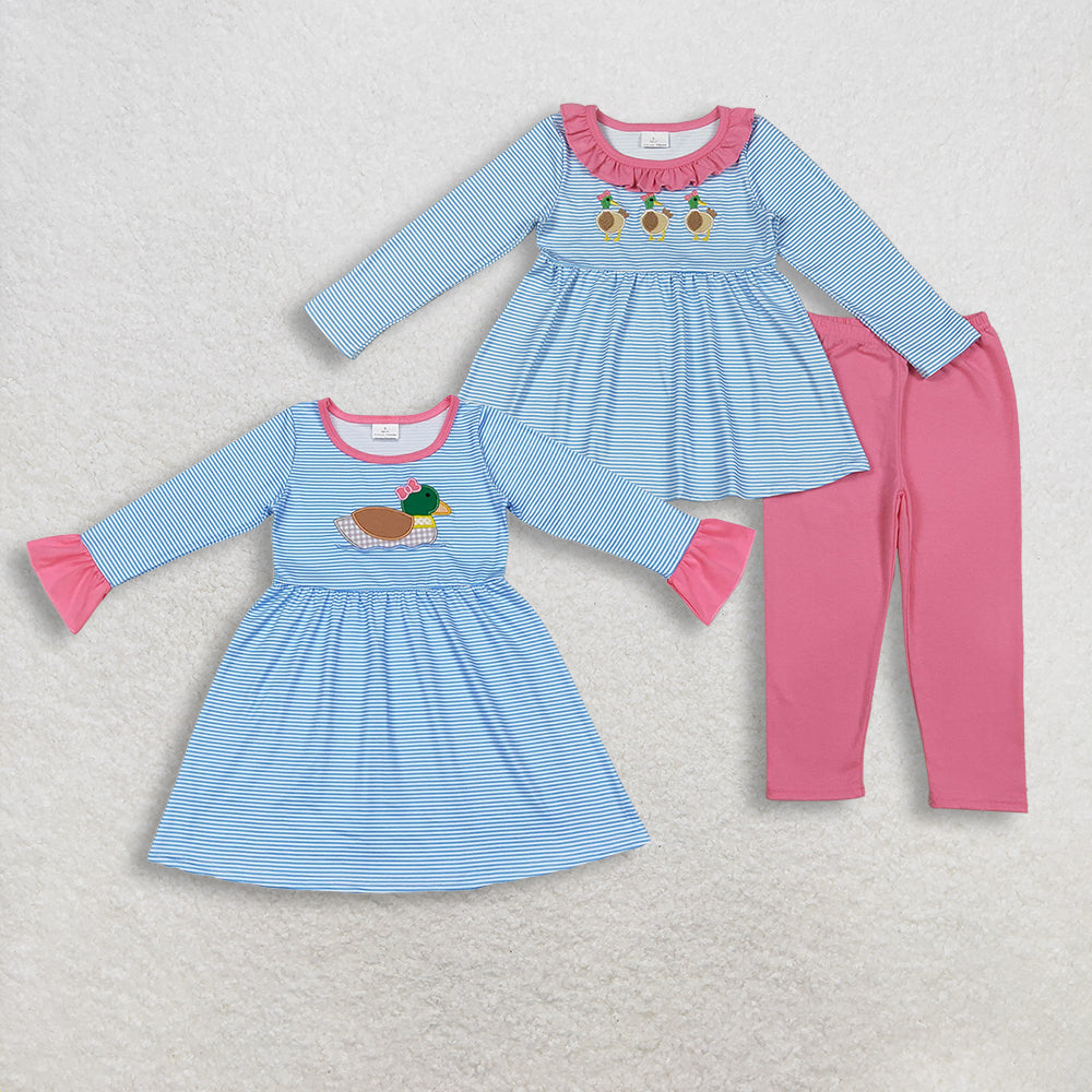 Sibling Baby Girls Embroidery Bow Ducks Blue Stripe Tunic Leggings Valentines Sets Dresses
