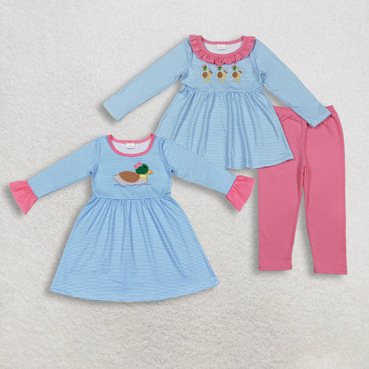 Sibling Baby Girls Embroidery Bow Ducks Blue Stripe Tunic Leggings Valentines Sets Dresses