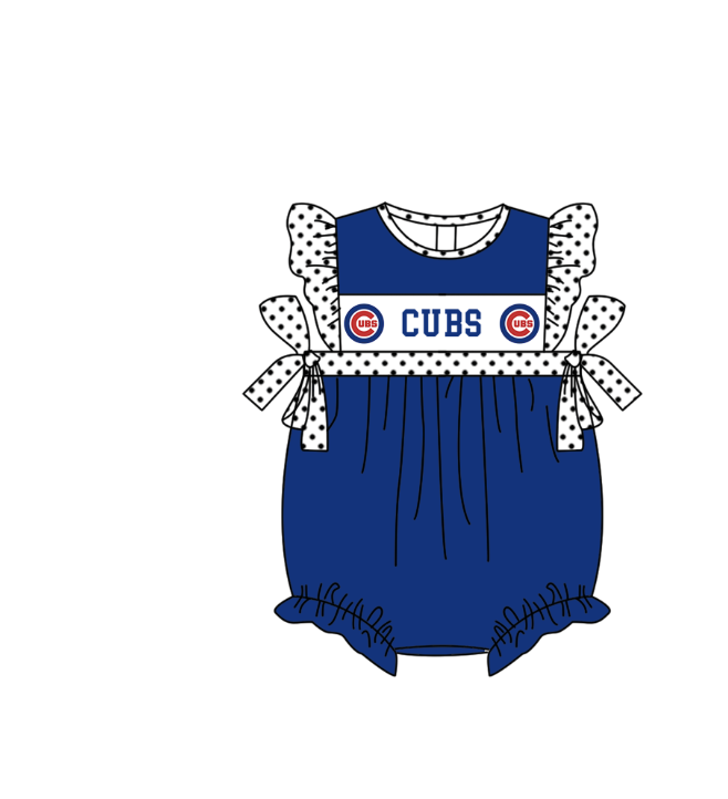 Preorder (moq 5)Baby Girls Polka Dots Flutter Sleeve Cubs Team Ruffle Rompers