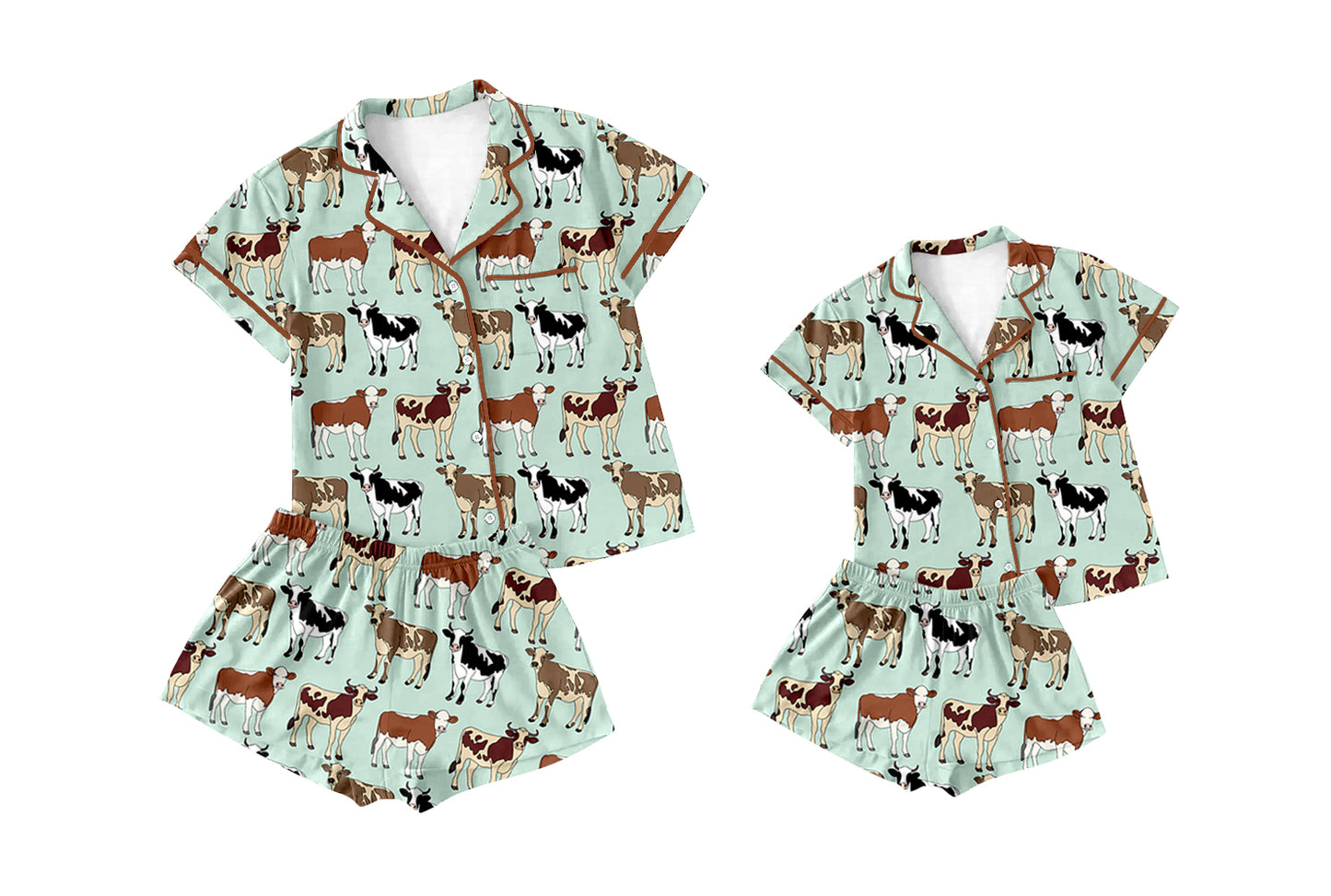 Preorder (moq 5 each) Family Women Baby Girls Western Cows Buttons Top Shorts Pajamas Clothing Sets