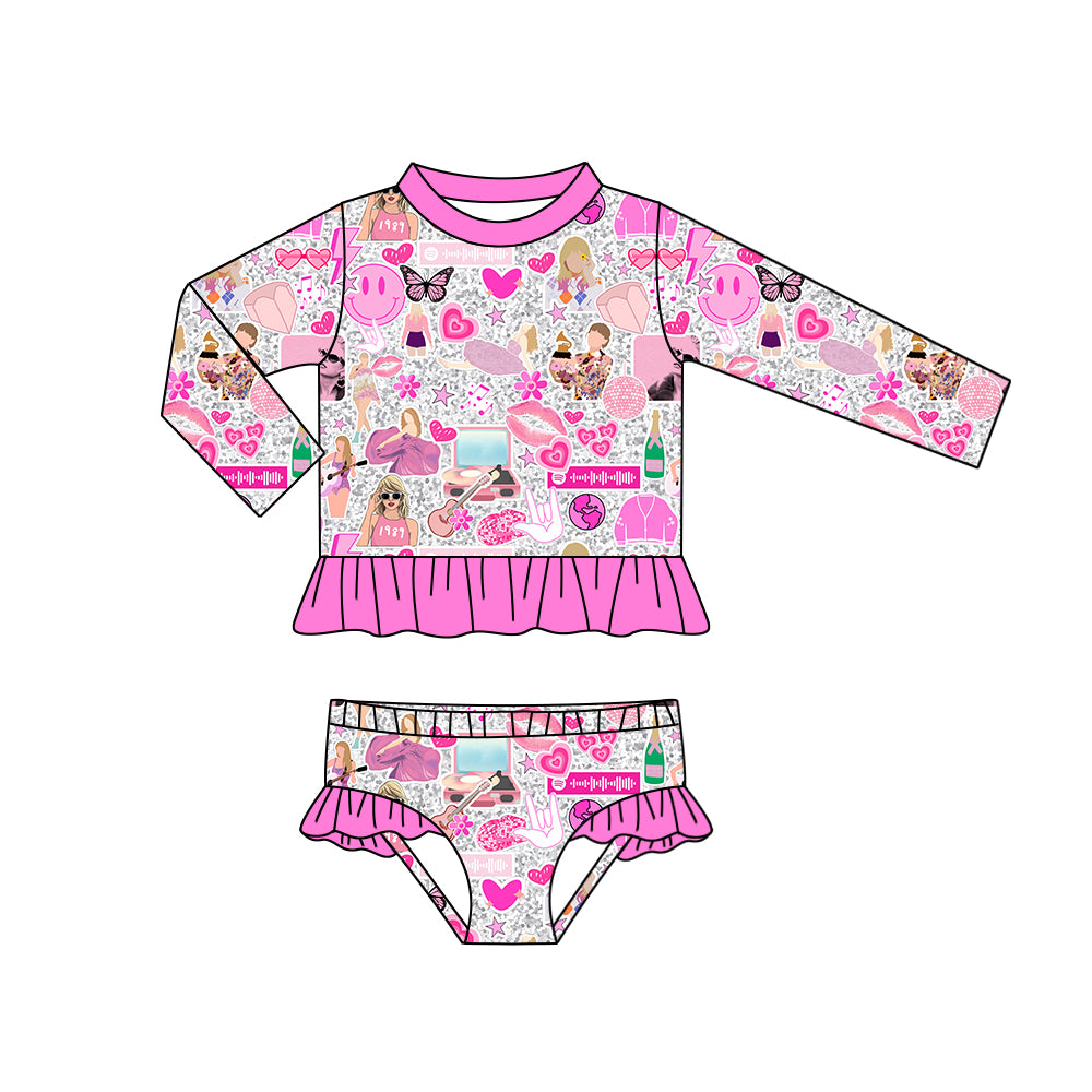 Baby Girls Pink Heart Singer Long Sleeve Top Ruffle Bummie 2pcs Swimsuits preorder(moq 5)