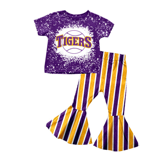 Baby Girls Baseball Purple Tiger Team Tee Shirts Stripes Bell Pants Clothes Sets preorder(moq 5)