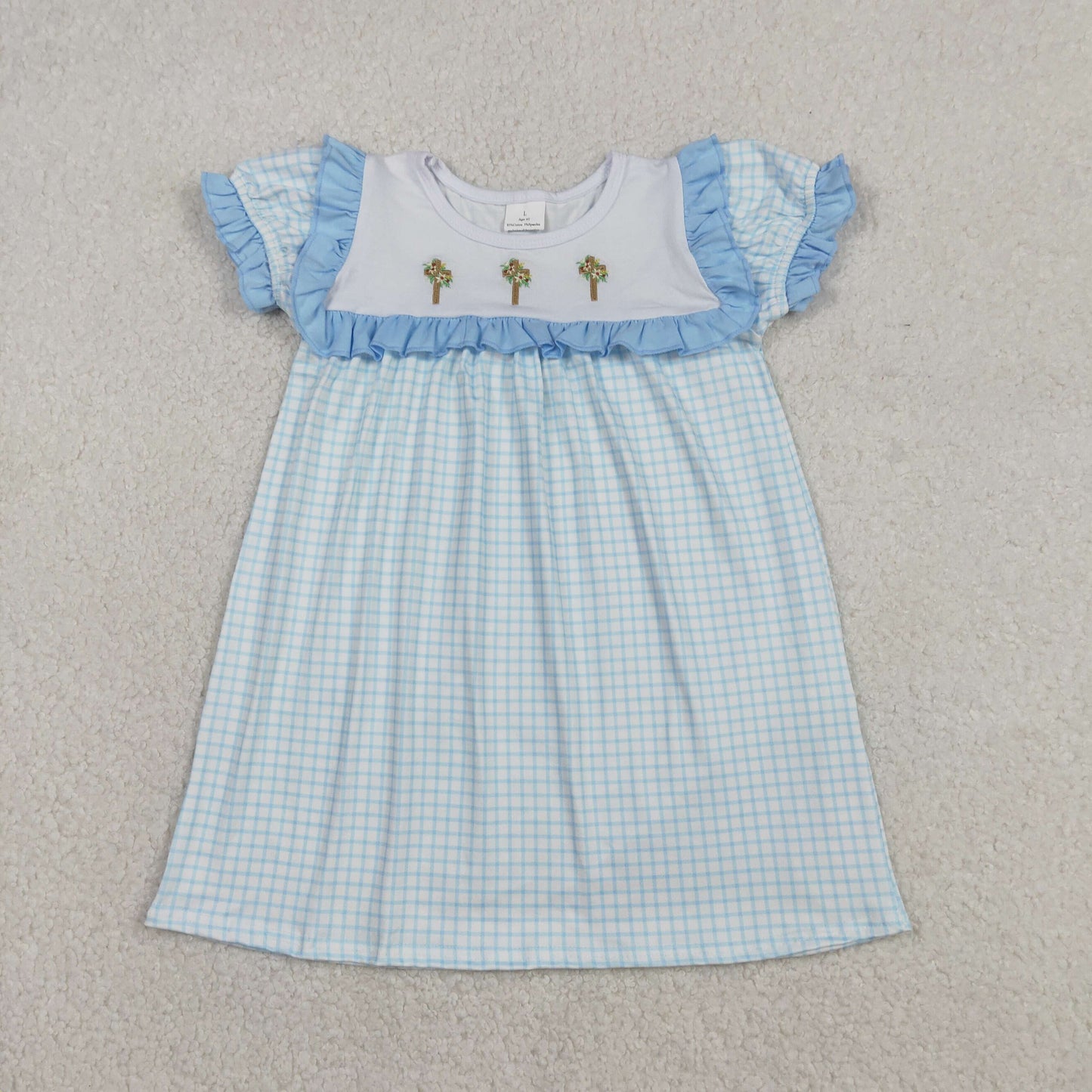 Embroidery Crosses Baby Girls Blue Checked Easter Knee Length Dresses