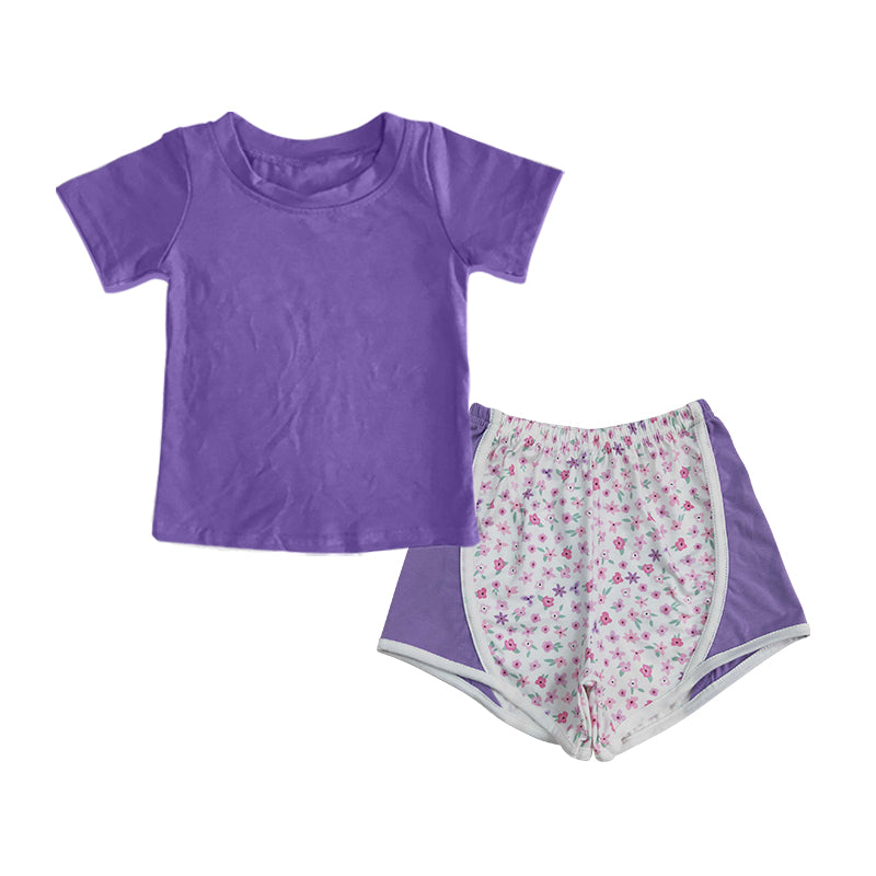 Preorder(moq 5) Baby Girls Purple Short Sleeves Shirts Top Floral Shorts Set