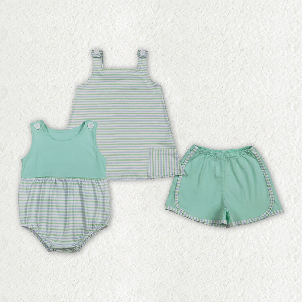 Sibling Baby Boys Girls Aqua Stripe Pockets Tunic Short Clothes Set Sleeveless Romper