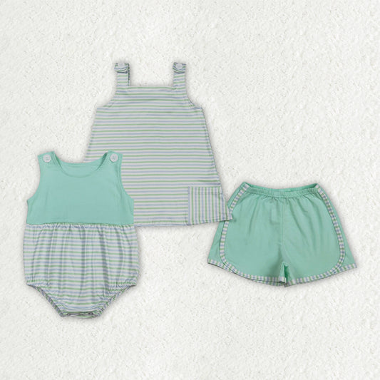 Sibling Baby Boys Girls Aqua Stripe Pockets Tunic Short Clothes Set Sleeveless Romper