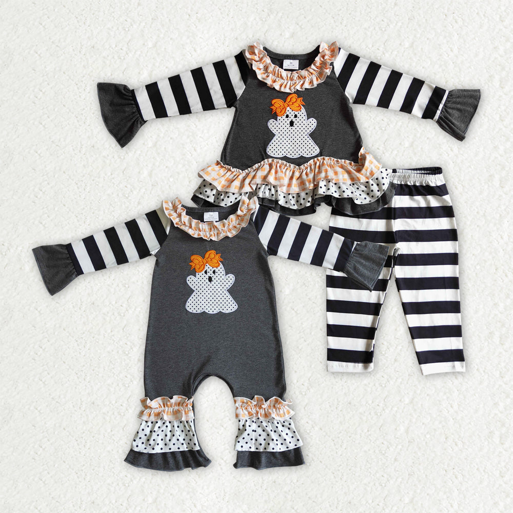 Sibling Baby Girls Black Stripe Embroidery Ghost Tunic Leggings Pants Halloween Clothes Sets Rompers