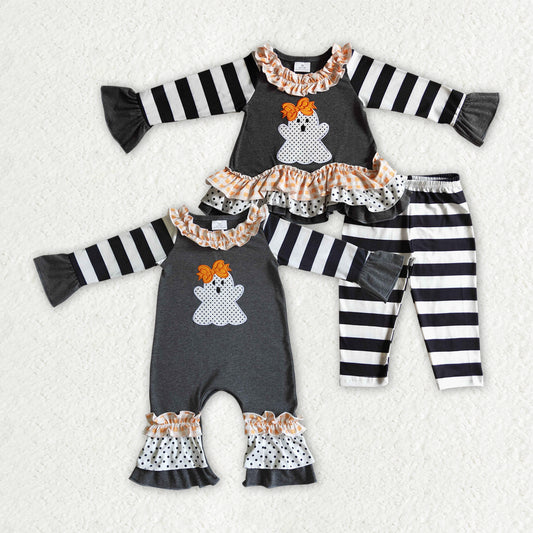 Sibling Baby Girls Black Stripe Embroidery Ghost Tunic Leggings Pants Halloween Clothes Sets Rompers
