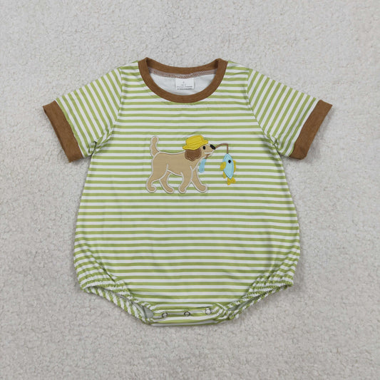 Embroidery Dog Fishes Baby Boys Short Sleeve Stripe Hunting Rompers