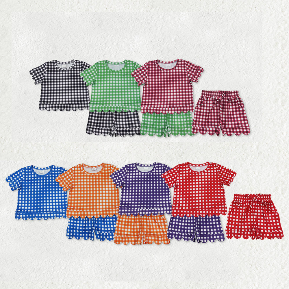 Sibling Baby Girls Short Sleeve Colorful Checked Top Pockets Short Scallop Clothes Sets