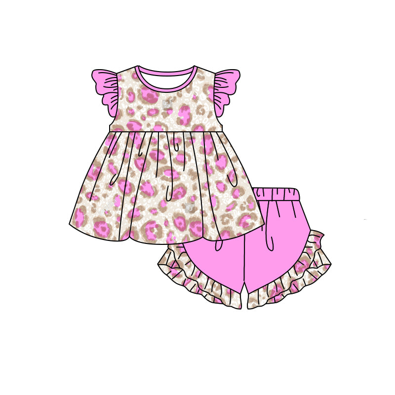 Baby Girls Pink Leopard Tunic Top Ruffle Shorts Clothes Sets preorder(moq 5)