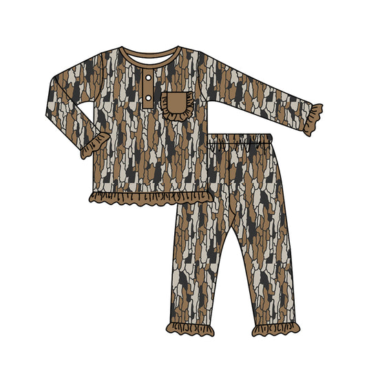 Baby Girls Fall Brown Camo Top Pants Pajamas Clothes Sets Preorder(moq 5)