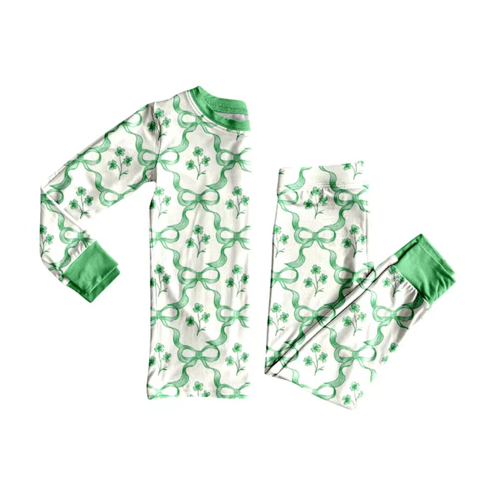 Preorder (moq 20)Baby Boys Bamboo Green Bows Flowers Plaid Pajamas Sets